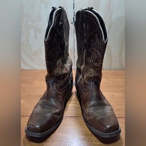 Justin Western Boots Brown Leather Floral Stitch Size 9B